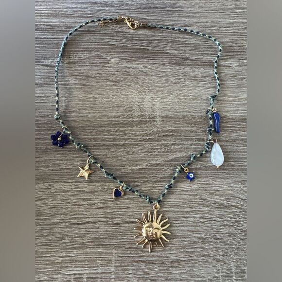 Sun Charm Gold Necklace with Blue Accents A1334 - Picture 2 of 3